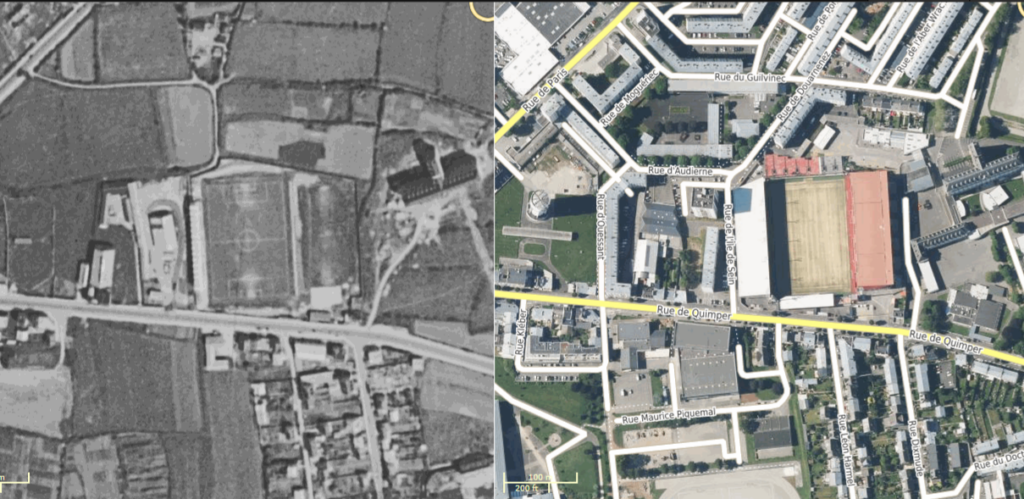 Le Stade en 1950 et aujourd’hui ! 
https://geobretagne.fr/sviewer/dual.html 